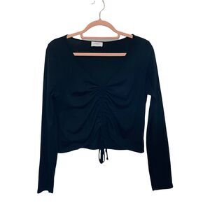Everly Shirt Womens Large Black Ruched Crop Long Sleeve Tie V Neck Stretch